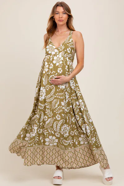 PinkBlush Olive Floral Crisscross Back Cutout Maternity Maxi Dress