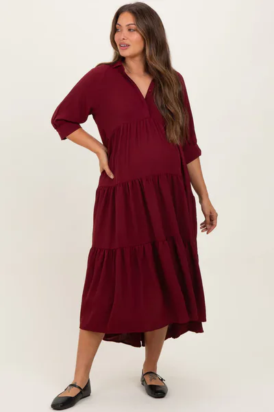 PinkBlush Wine Collared Button Up Tiered Maternity Midi Dress