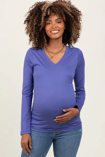 PinkBlush Periwinkle Brushed Knit V-Neck Long Sleeve Maternity Top