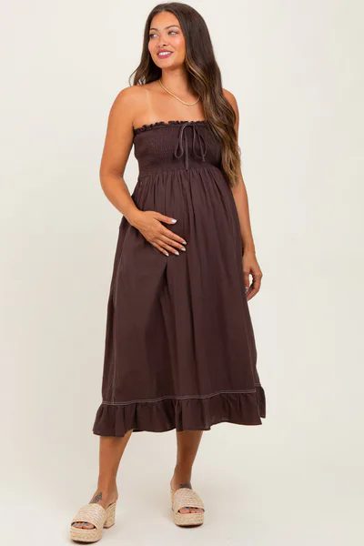 PinkBlush Brown Smocked Tube Maternity Midi Dress