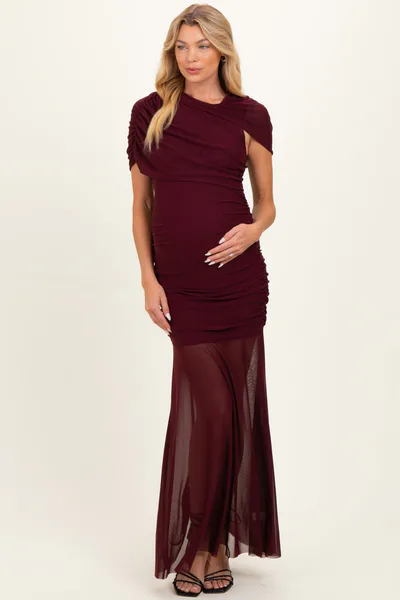PinkBlush Wine Draped Bodice Ruched Mesh Maternity Maxi Dress