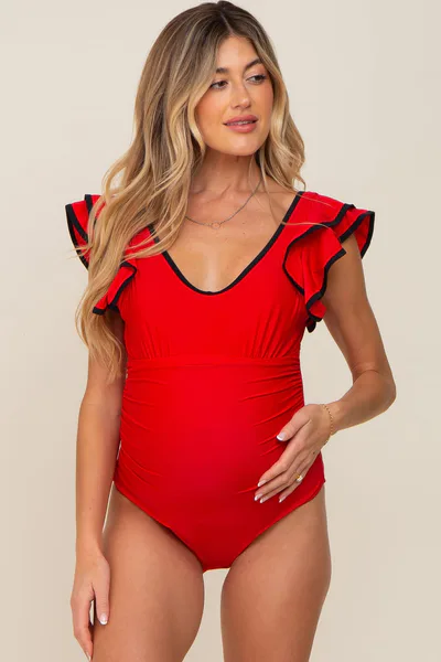 PinkBlush Red Color Blocked Ruffle Shoulder Cutout Back Maternity One Piece Swimsuit