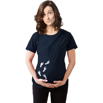 Target Maternity Baby Bump Footprints T Shirt Funny Cute Graphic Pregnancy Tee - Crazy Dog Maternity T Shirt with Fun Design Navy XL