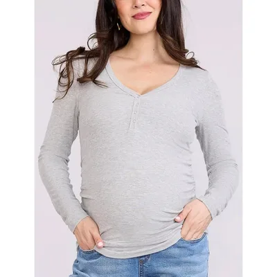 Target Women's V-Neck Side-Ruched Long Sleeve Henley Maternity Tee - Heather Grey - Size: Medium - Motherhood Maternity