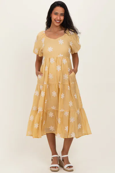PinkBlush Saffron Yellow Embroidered Floral Tiered Maternity Midi Dress