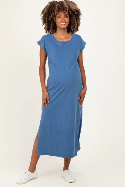 PinkBlush Blue Side Slit Maternity Midi T-Shirt Dress