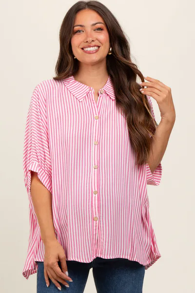 PinkBlush Fuchsia Striped Button Up Dolman Maternity Top