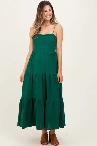 PinkBlush Forest Green Tiered Cutout Tie Back Maternity Midi Dress