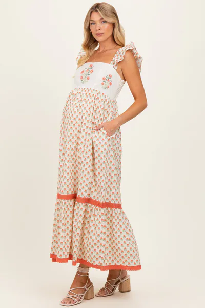 PinkBlush Coral Floral Embroidered Maternity Maxi Dress