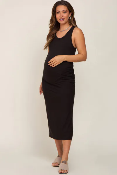 PinkBlush Black Ribbed Sleeveless Ruched Side Slit Maternity Midi Dress