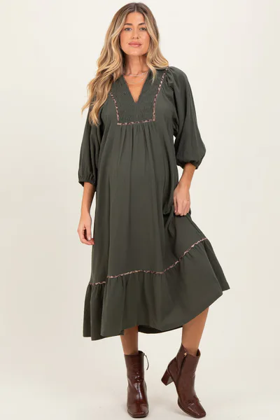 PinkBlush Olive V-Neck Contrast Trim 3/4 Sleeve Maternity Midi Dress