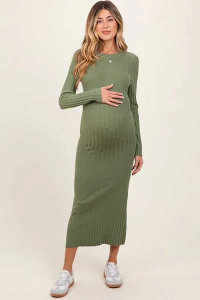 PinkBlush Olive Ribbed Knit Fitted Maternity Midi Sweater Dress