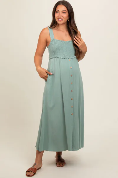 PinkBlush Light Olive Button Down Smocked Maternity Dress