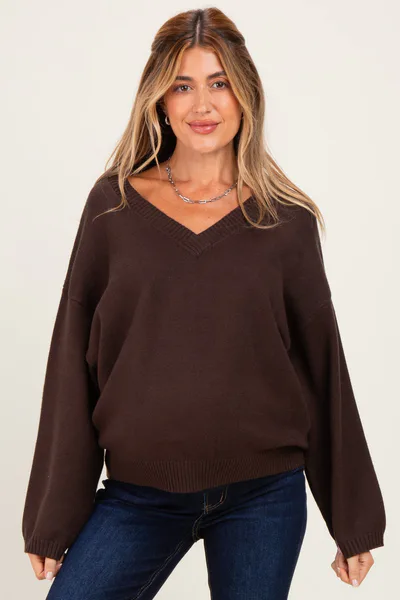 PinkBlush Dark Brown V-Neck Drop Shoulder Maternity Sweater