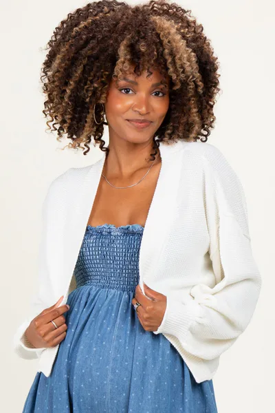 PinkBlush Cream Waffle Knit Balloon Sleeve Maternity Cardigan