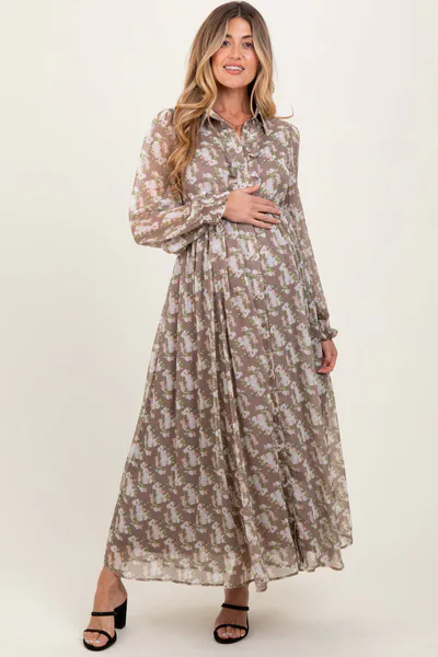 PinkBlush Taupe Floral Chiffon Ruffle Accent Button Down Maternity Maxi Dress