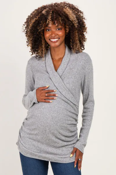 PinkBlush Grey Heathered Draped Wrap Maternity/Nursing Top
