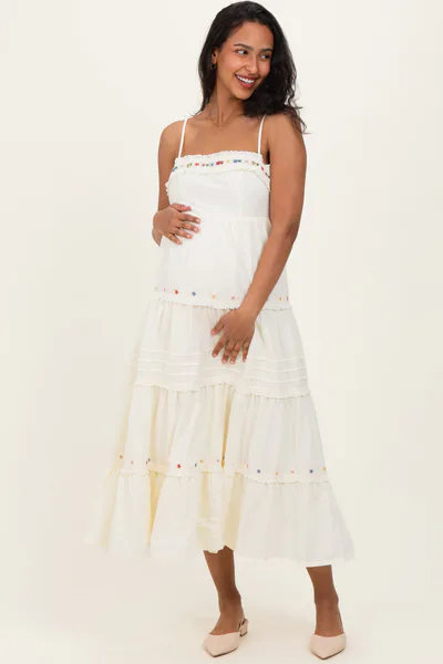 PinkBlush Ecru Embroidered Ruffle Tiered Maternity Maxi Dress