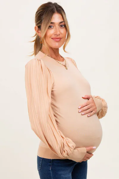 PinkBlush Beige Ribbed Bubble Sleeve Maternity Knit Top