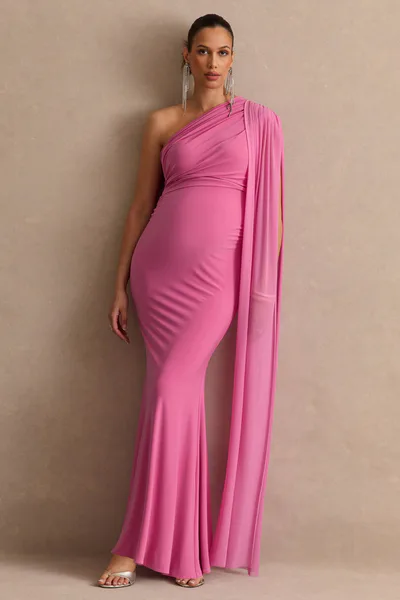 Club L London Aylena | Pink Asymmetric-Neck Maternity Maxi Dress With Sash Detail
