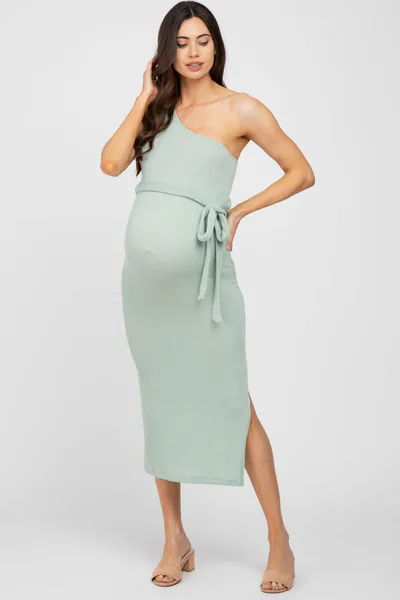 PinkBlush Mint Green Ribbed One Shoulder Side Slit Maternity Midi Dress