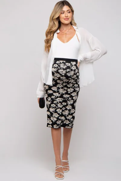 PinkBlush Black Floral Knit Maternity Midi Skirt