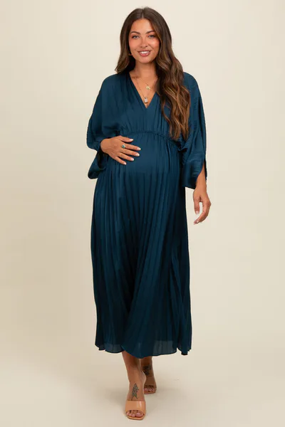 PinkBlush Teal Satin Pleated V-Neck Maternity Maxi Dress