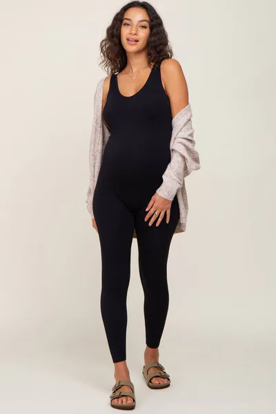 PinkBlush Black V-Neck Seamless Ribbed Fitted Maternity Jumpsuit