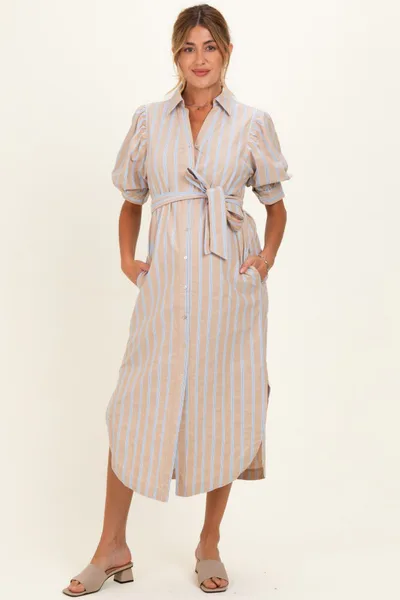 PinkBlush Sand Striped Puff Sleeve Maternity Midi Shirt Dress