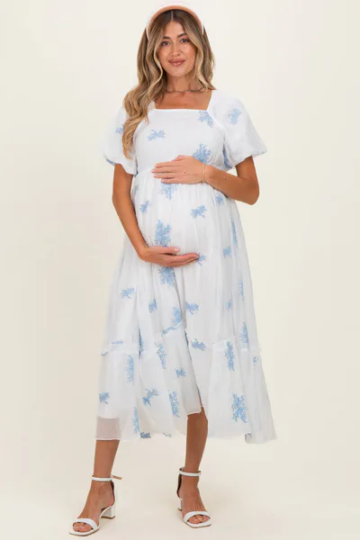 PinkBlush Ivory Floral Print Ruffle Hem Maternity Midi Dress