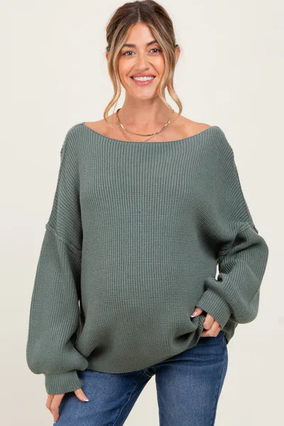 PinkBlush Olive Balloon Sleeve Boat Neck Knit Maternity Sweater