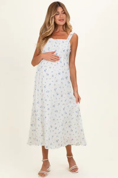 PinkBlush Blue Floral Lace Accent Sleeveless Maternity Maxi Dress