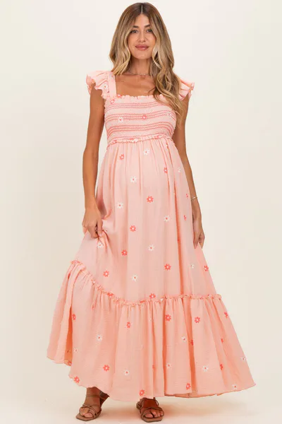 PinkBlush Peach Floral Embroidered Smocked Maternity Maxi Dress