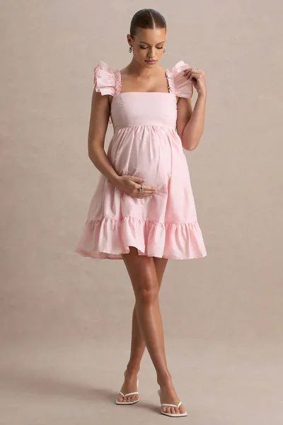 Club L London Dolly Daze | Blush Ruffle Sleeve Babydoll Maternity Mini Dress