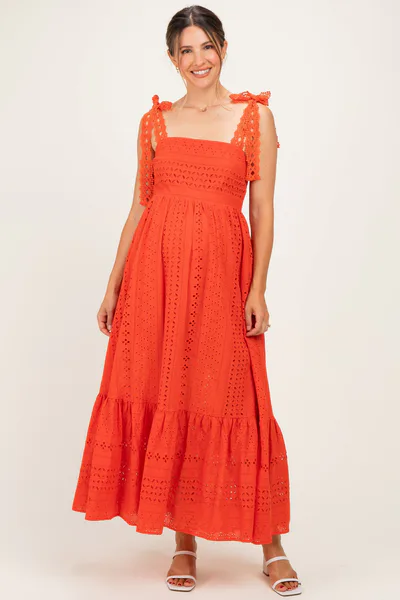 PinkBlush Tomato Laser Cut Lace Shoulder Tie Maternity Maxi Dress