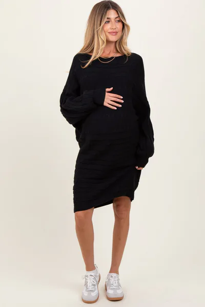 PinkBlush Black Cable Knit Dolman Sleeve Maternity Sweater Mini Dress