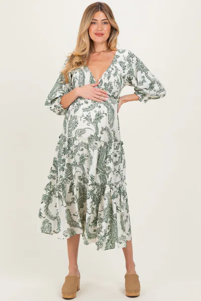 PinkBlush Olive Damask Smocked Ruffle Tier Maternity Midi Dresses