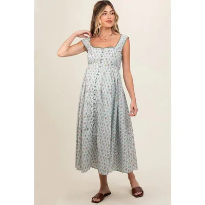Target PinkBlush Light Blue Floral Button Front Sleeveless Maternity Maxi Dress Light Blue Large