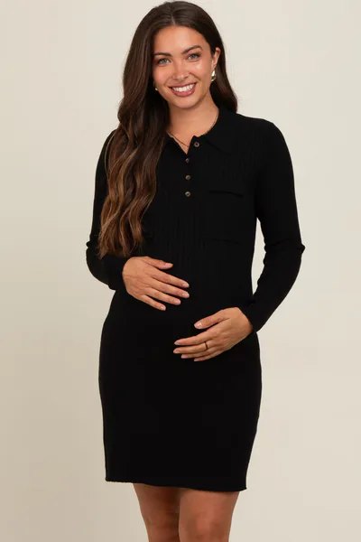 PinkBlush Black Ribbed Knit Henley Maternity Dress