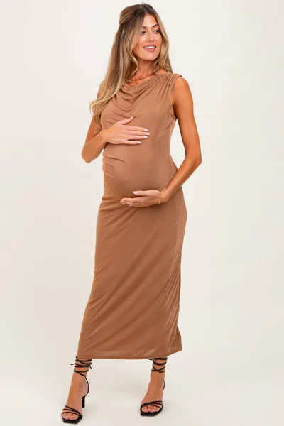 PinkBlush Mocha Draped Neck Sleeveless Maternity Midi Dress
