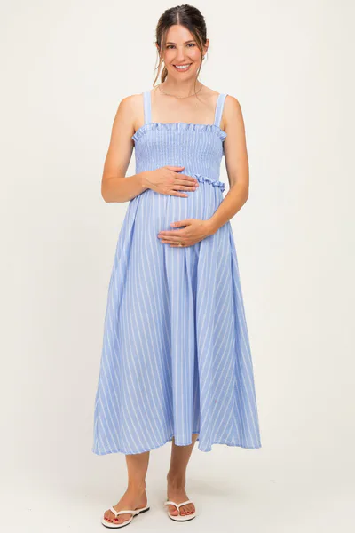 PinkBlush Blue Sleeveless Smocked Striped Maternity Maxi Dress