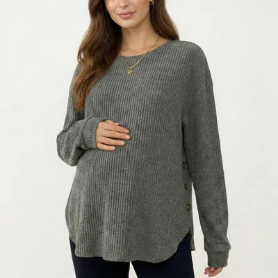 Target Anna-Kaci Women's Maternity Long Sleeve Ribbed Knit Top with Crew Neck Side Button Detail - Large, Gray