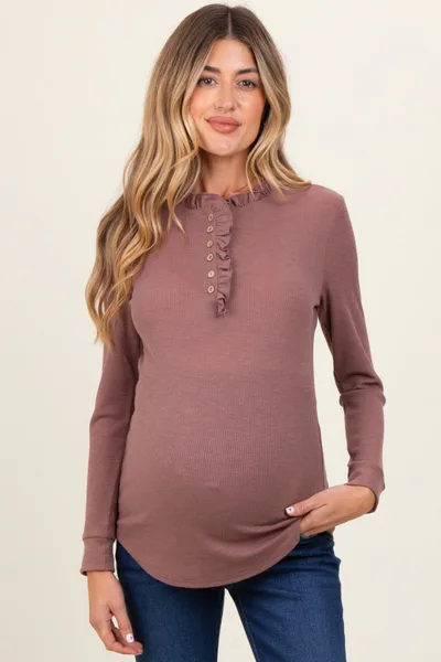 PinkBlush Plum Ruffle Collar Micro Waffle Knit Maternity Henley Top