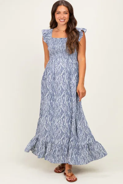 PinkBlush Blue Grey Printed Smocked Maternity Midi Dress