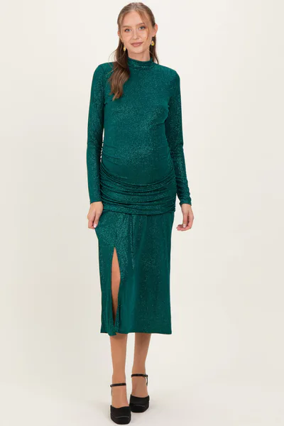 PinkBlush Green Sequin Long Sleeve Mock Neck Maternity Maxi Dress