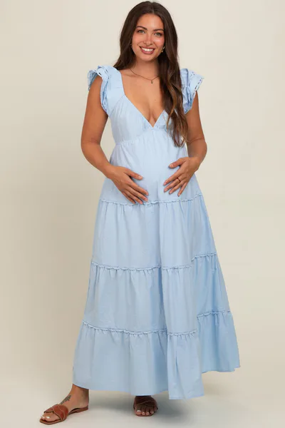 PinkBlush Light Blue Ruffle Trim Maternity Maxi Dress