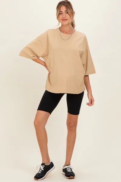 PinkBlush Beige Washed Oversized Crew Neck Maternity Top