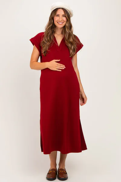 PinkBlush Burgundy Collared Oversized Maternity Midi Dress