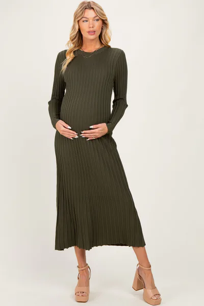 PinkBlush Olive Ribbed Long Sleeve Maternity Sweater Midi Dress