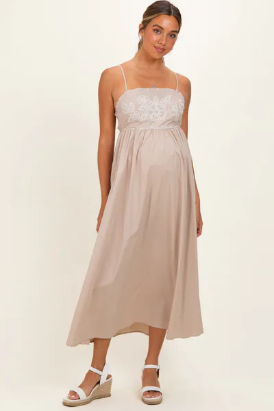 PinkBlush Beige Floral Embroidered Back Cut Out Maternity Maxi Dress
